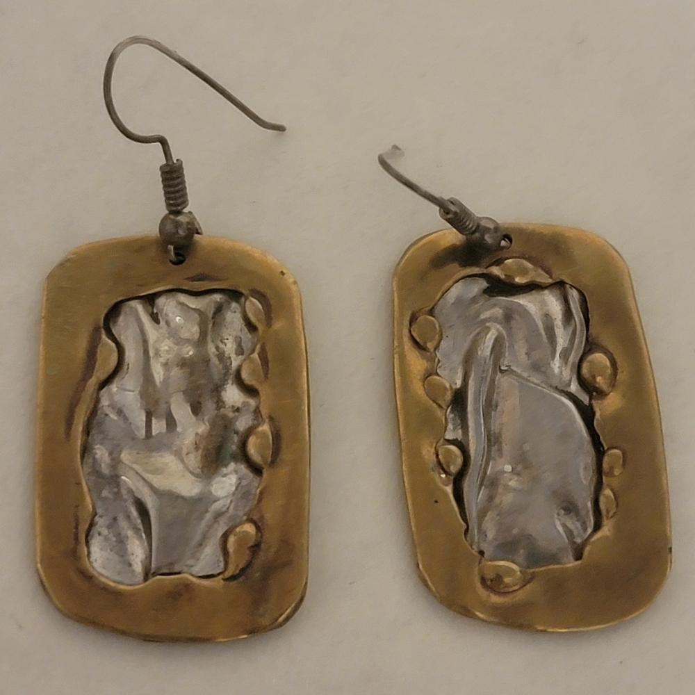 Vintage Lazaro Gutierrez Sterling Silver Brass Modernist Earrings Brutalist